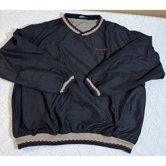Vintage 90s Firestone Embroidered Black Windbreaker Aztec Trim Size XL - Picture 1 of 16